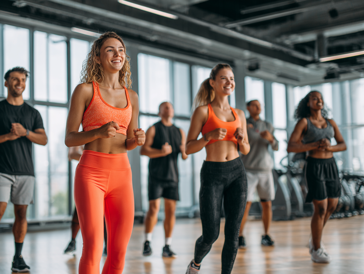 Мотивована група людей різного віку тренується у сучасному фітнес-центрі